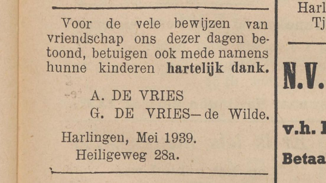 In advertinsje út de Nieuwe Harlinger Courant fan 1939