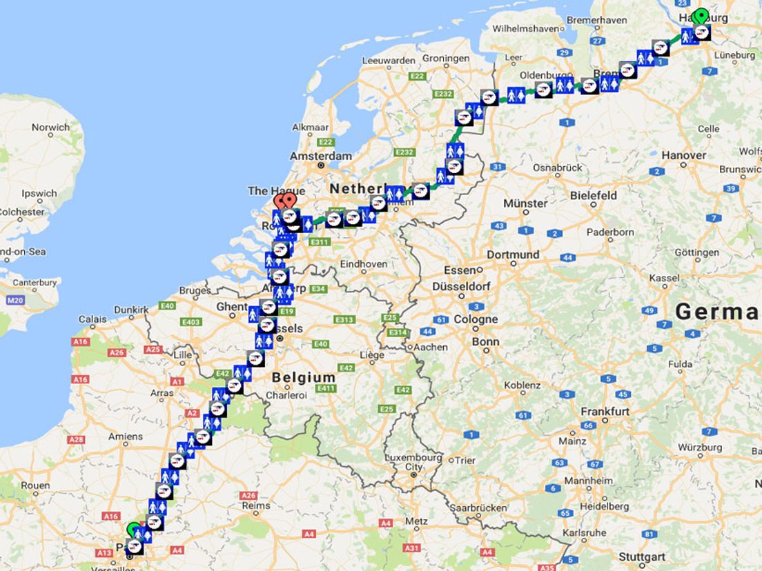 De routes vanuit Hamburg en Parijs naar de Binnenrotte in Rotterdam