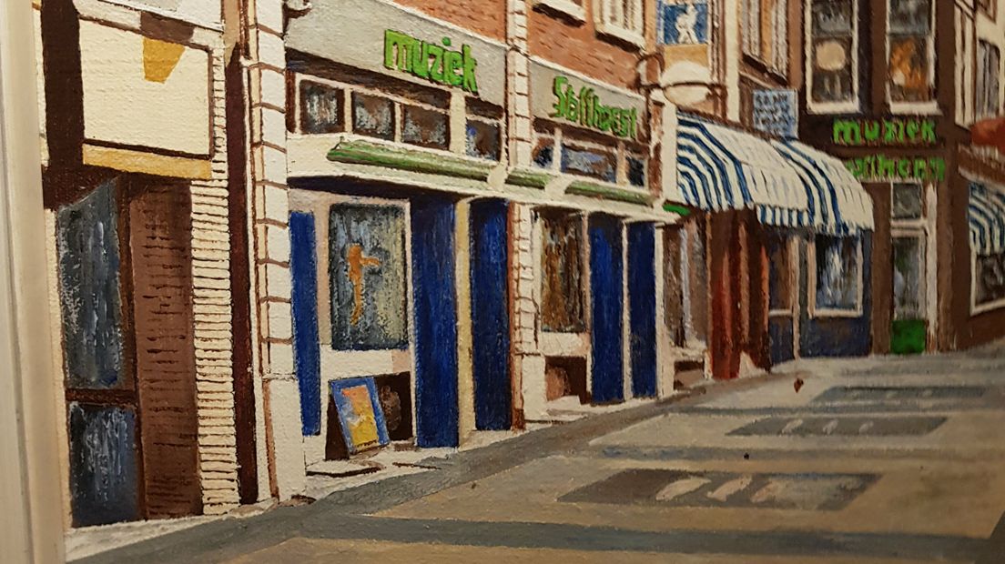 Schilderij van de winkel op de Drieharingstraat
