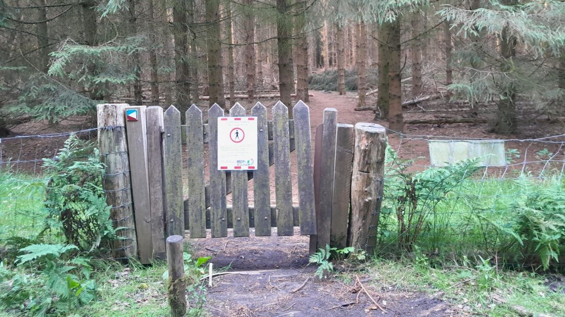Een waarschuwingsbordje bij de entree van het bos van Kolham, met op de achtergrond omgevallen bomen