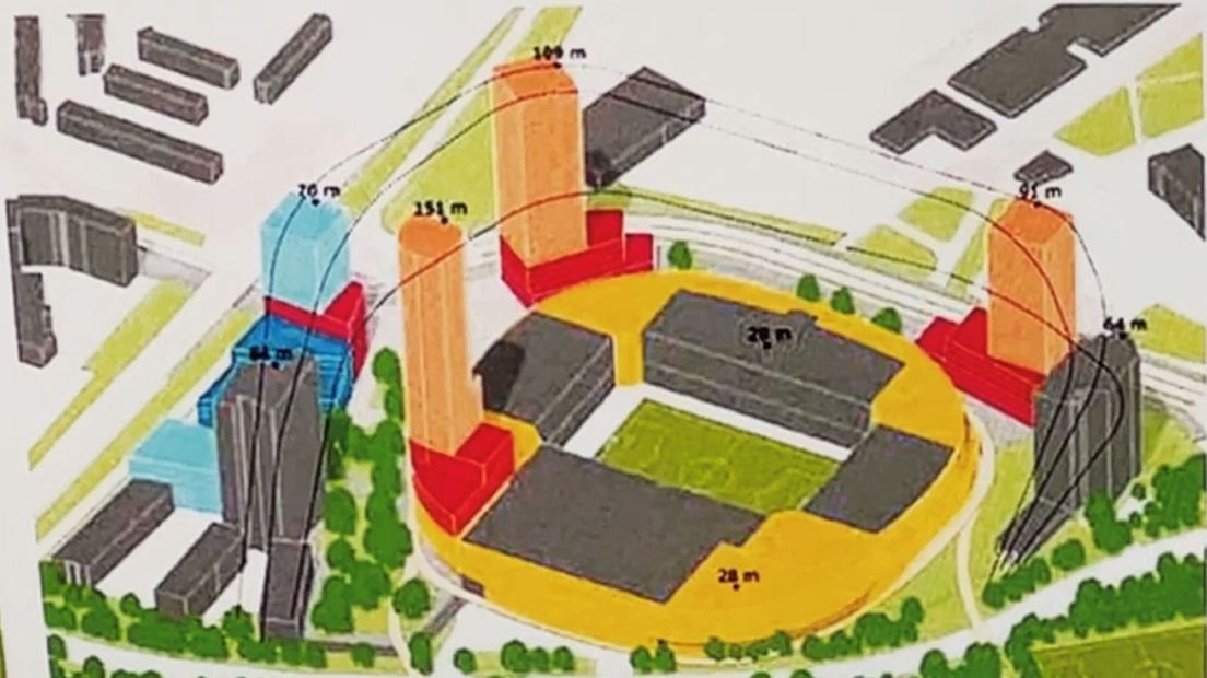 Een van de voorlopige bouwschetsen bij stadion Galgenwaard