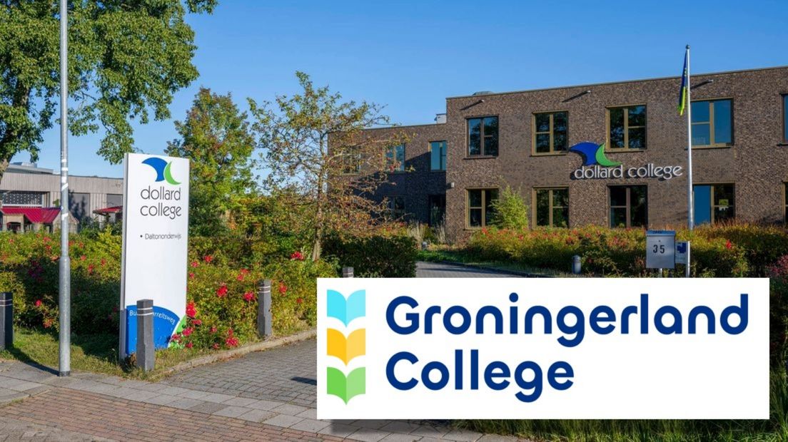 Het Dollard College in Woldendorp en het nieuwe logo van het Groningerland College