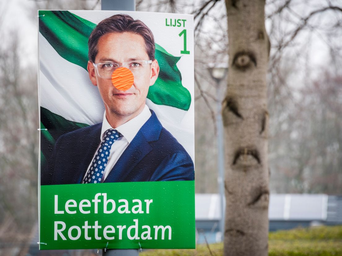 Verkiezingsbord Leefbaar Rotterdam met Joost Eerdmans