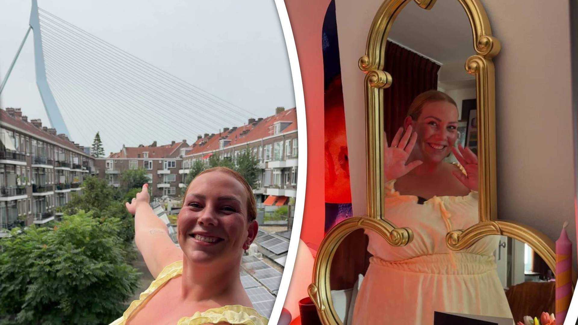 Renée in haar huurwoning met uitzicht op de Erasmusbrug