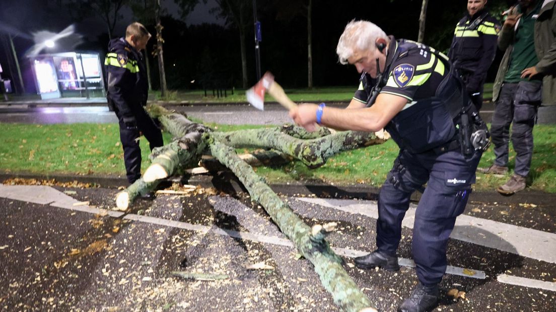 Politieagenten hakken omgevallen boom in Rijswijk in stukken