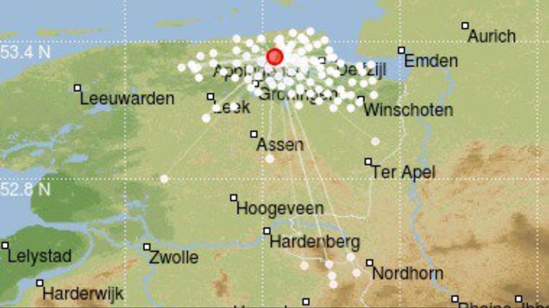 Overzicht van de registraties van de beving in Westerwijtwerd