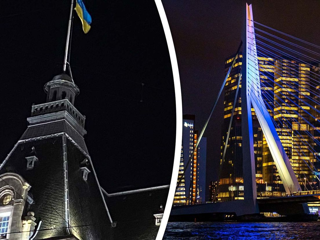 De vlag van Oekraïne is te zien bij het stadhuis van Rotterdam en de Erasmusbrug kleurt blauw-geel