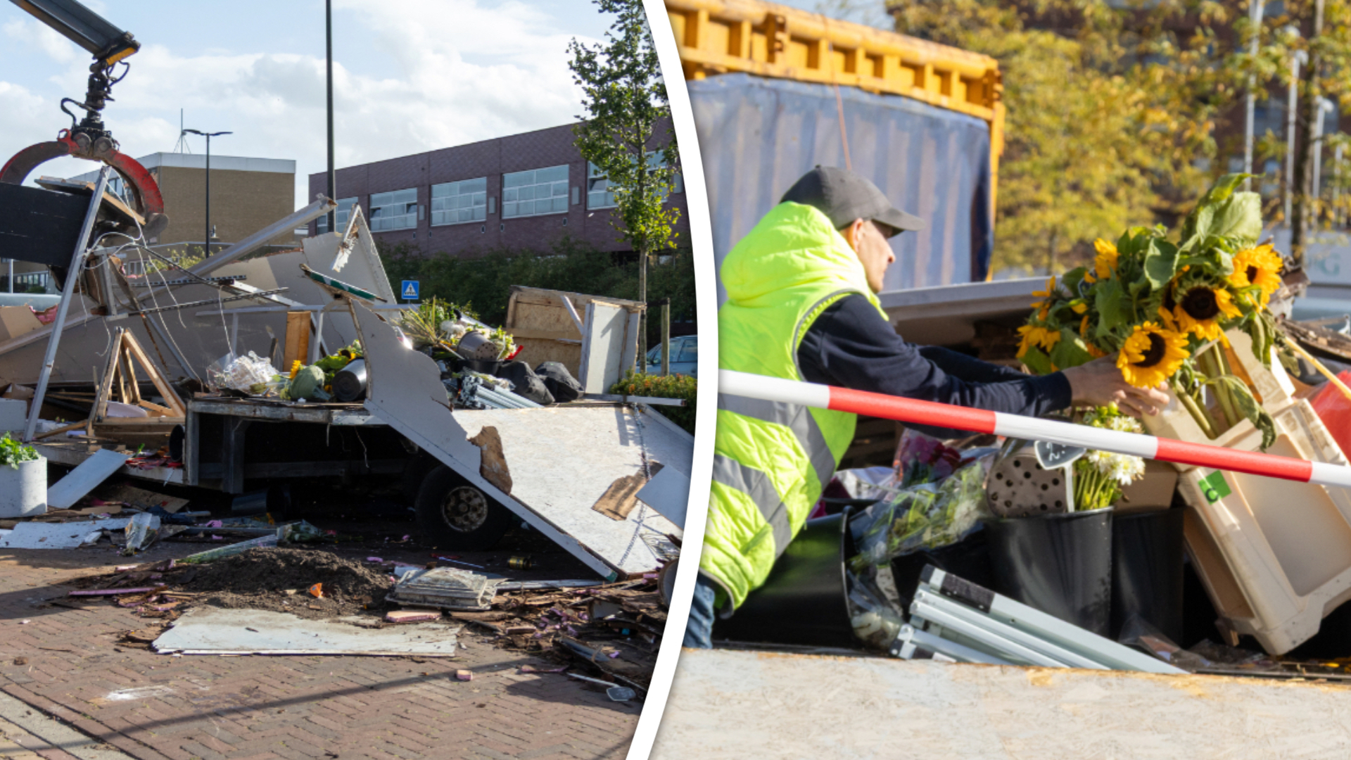 De bloemenkraam bleek niet opgewassen tegen de harde wind.