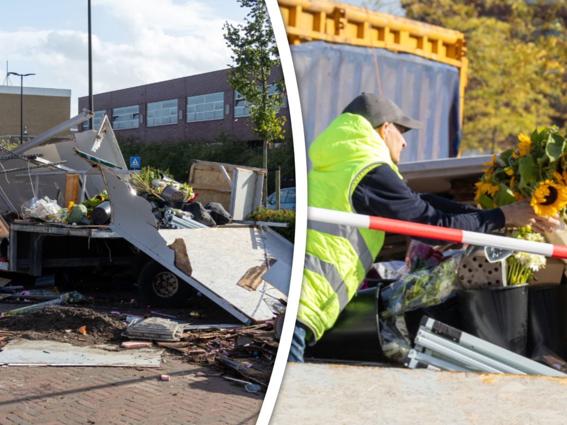De bloemenkraam bleek niet opgewassen tegen de harde wind.