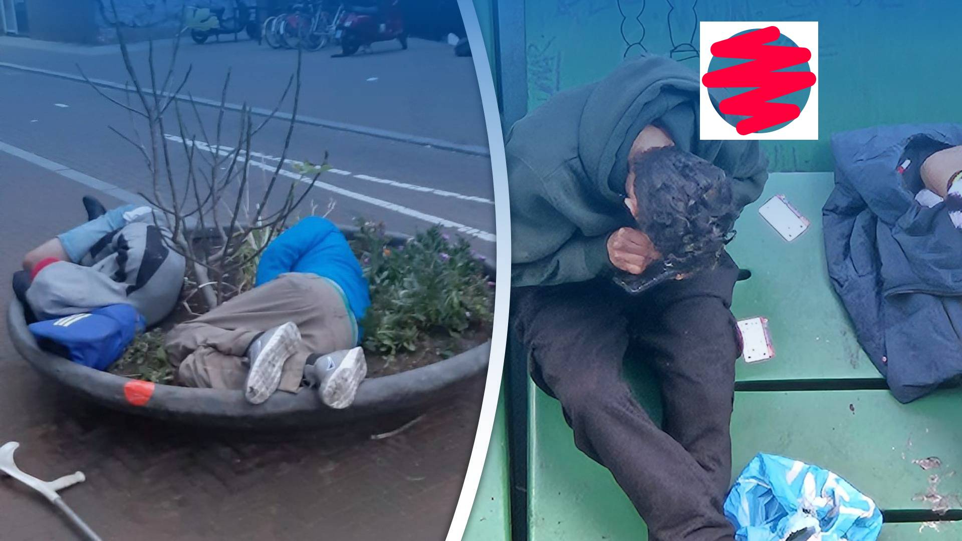 Dakloze mensen slapen op de Mauritsplaats in bloembakken.