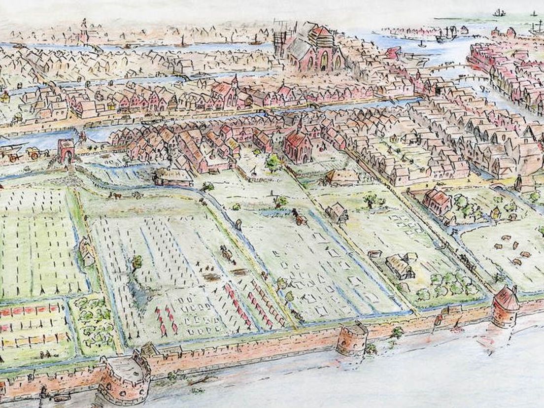 Rotterdam rond 1510, tekening Gilbert Kempenaar - Archeologie Rotterdam