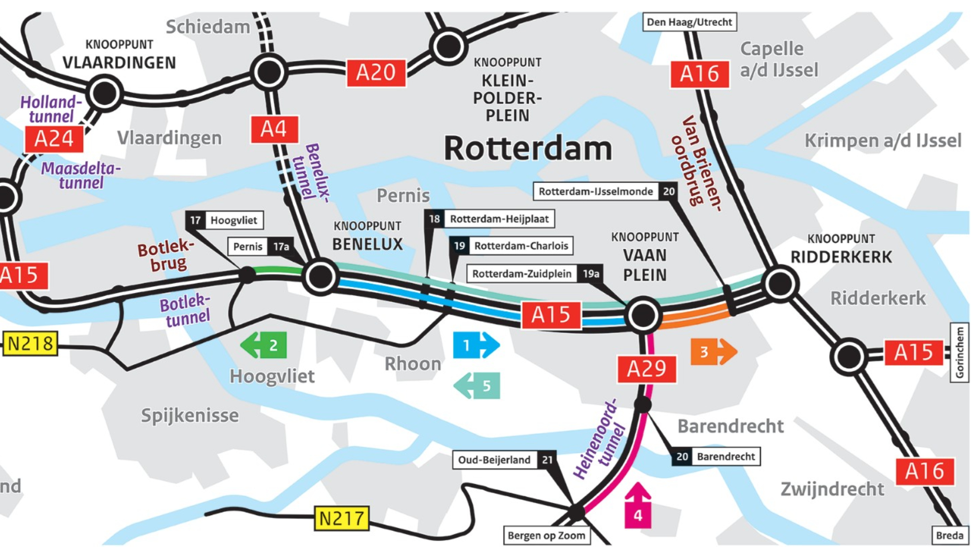 In blauw het afgesloten weggedeelte van de A15, dit weekeinde.