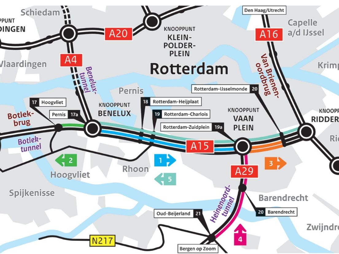 In blauw het afgesloten weggedeelte van de A15, dit weekeinde.