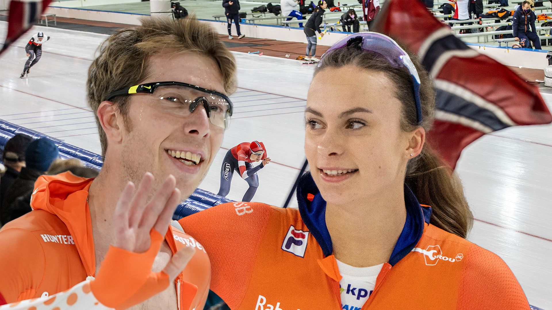 Jorrit Bergsma en Femke Kok, mei op de achtergrûn it reedrydstadion fan Stavanger