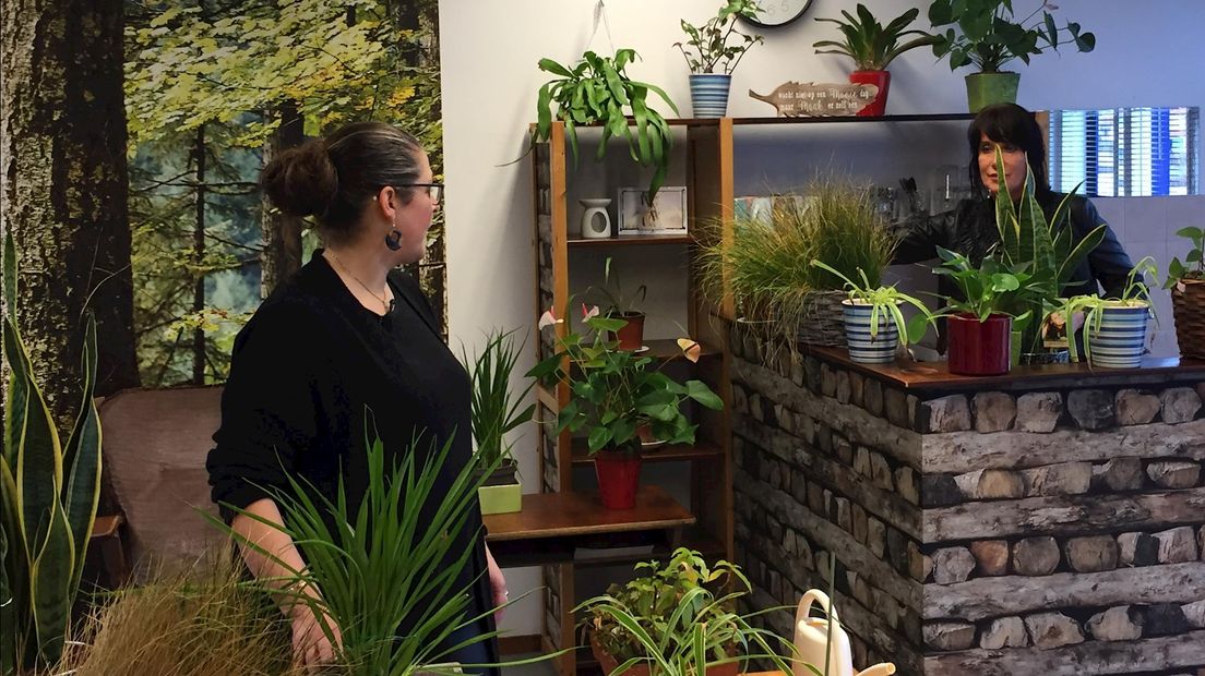 Overleg tussen Chantal en Marjolein over de vele planten in het plantenasiel