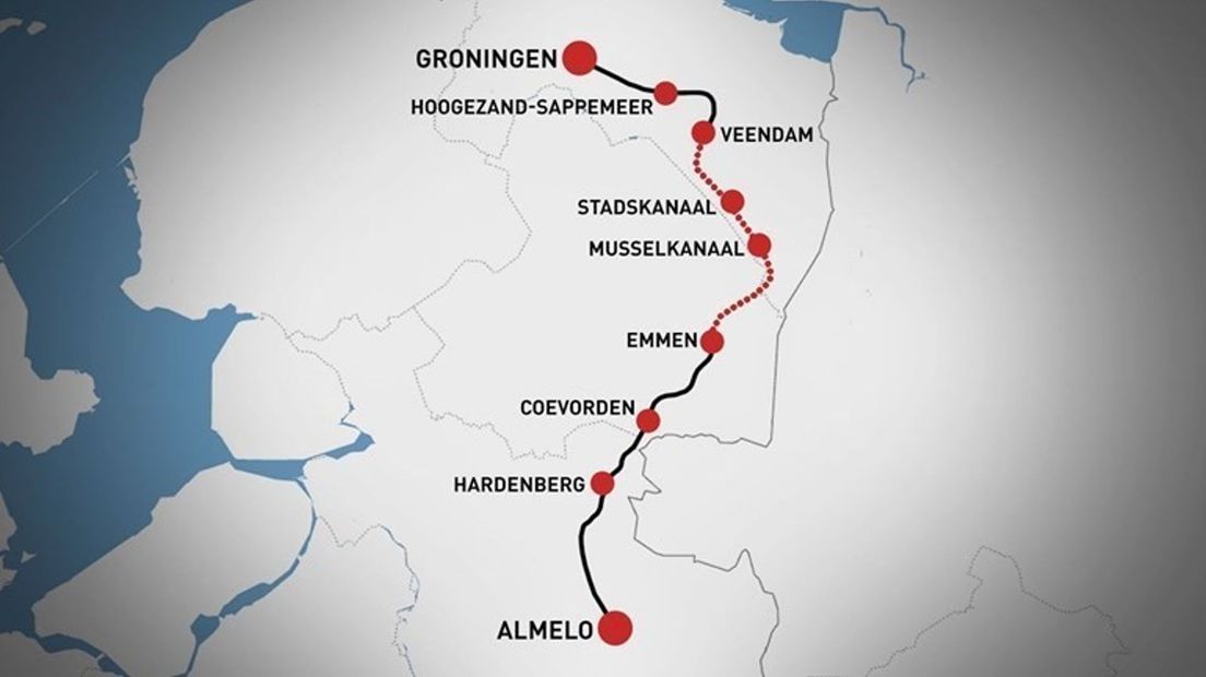 De route van de Nedersaksenlijn loopt van Groningen naar Twente