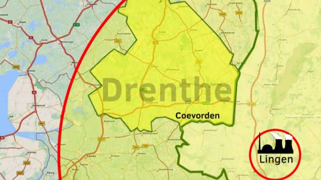 Het gebied waar de jodiumpil wordt uitgedeeld (Rechten:RTV Drenthe)