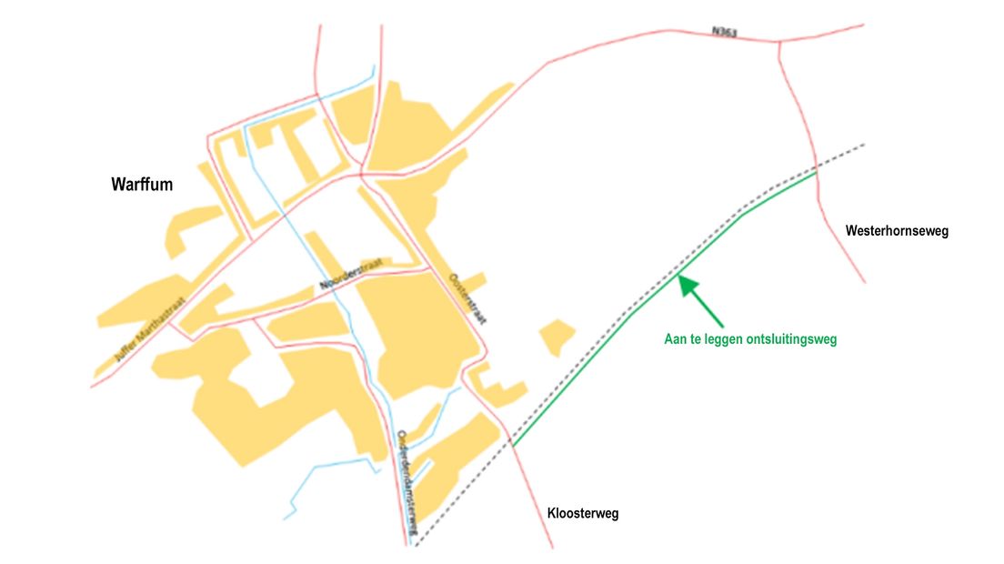 De weg (in groen) komt langs het spoor en het Delthepad tussen de Kloosterweg en de Westerhornseweg.