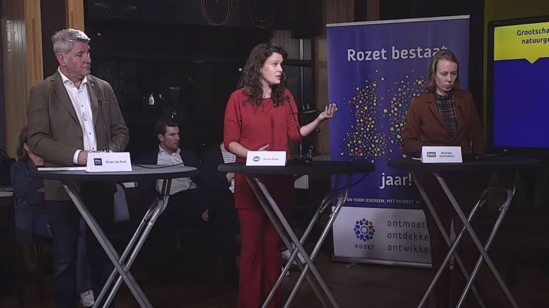 Arjan de Kok (BVNL), Anne Kuik (CDA) en Marijke Synhaeve (D66) tijdens het Gelders verkiezingsdebat.