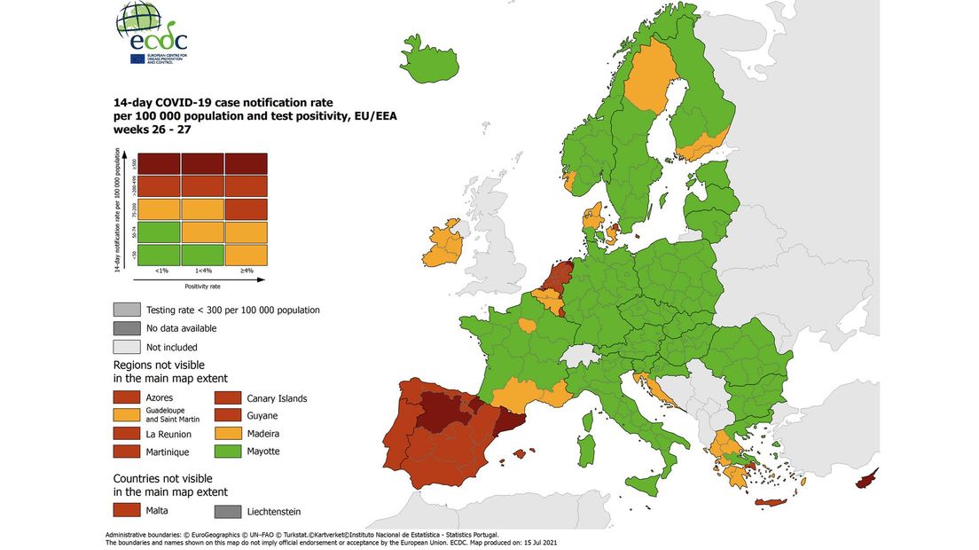 Nederland is sinds vandaag een rood eiland in een zee van groene gebieden.