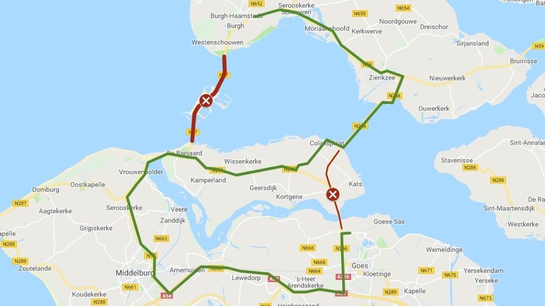 Van Wilhelminadorp naar Burgh-Haamstede moet 's nachts van 21 tot en met 23 november omgereden worden.