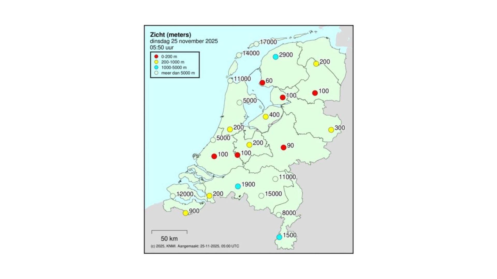 Op sommige plaatsen hangt dichte mist en is het zicht minder dan 200 meter.