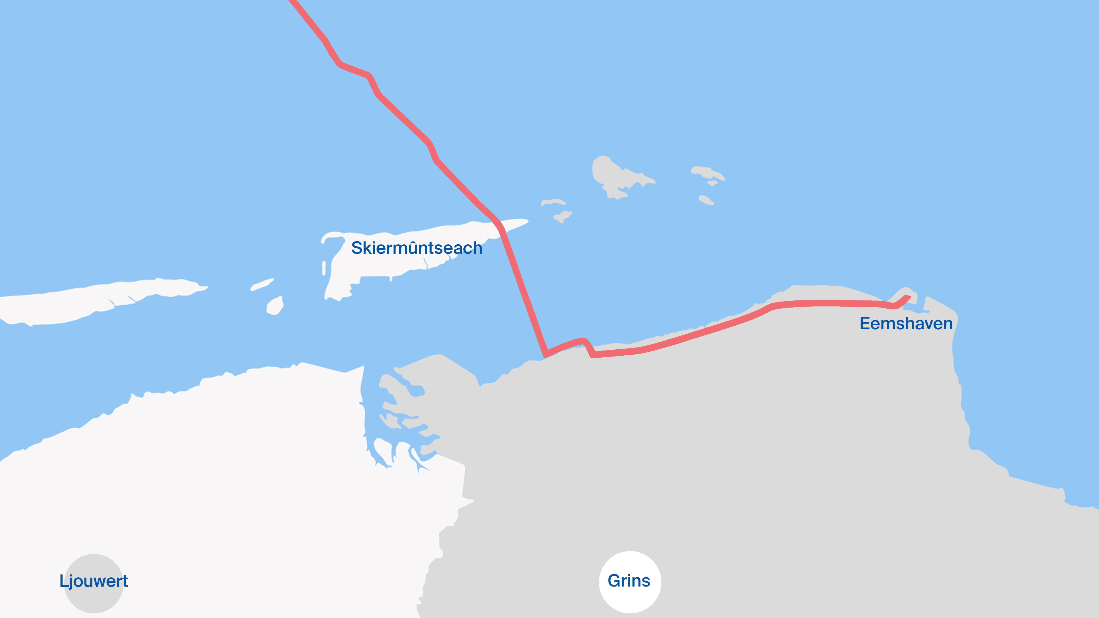 De rûte fan de stroomkabel as dy ûnder it eilân troch komt
