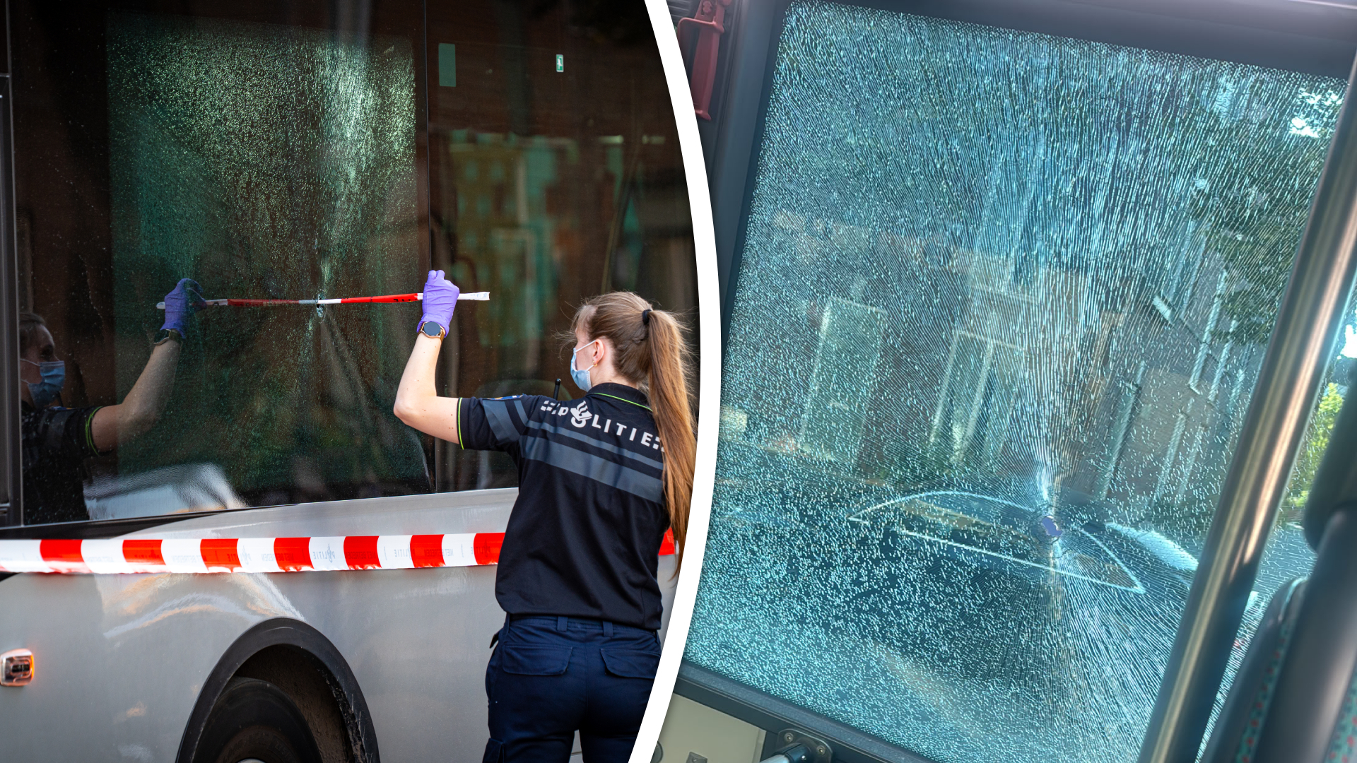 Links: de politie onderzoekt de beschoten bus, rechts: de foto die Hafza vanuit de bus nam.