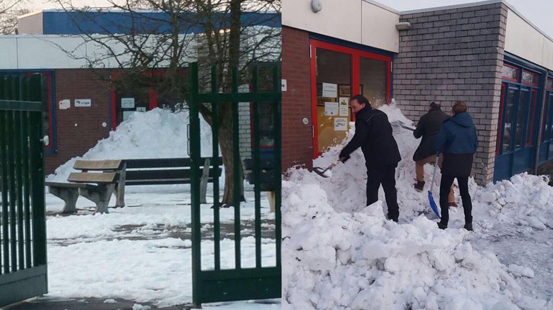 De voordeur van basisschool Het Baken is gebarricadeerd met sneeuw.