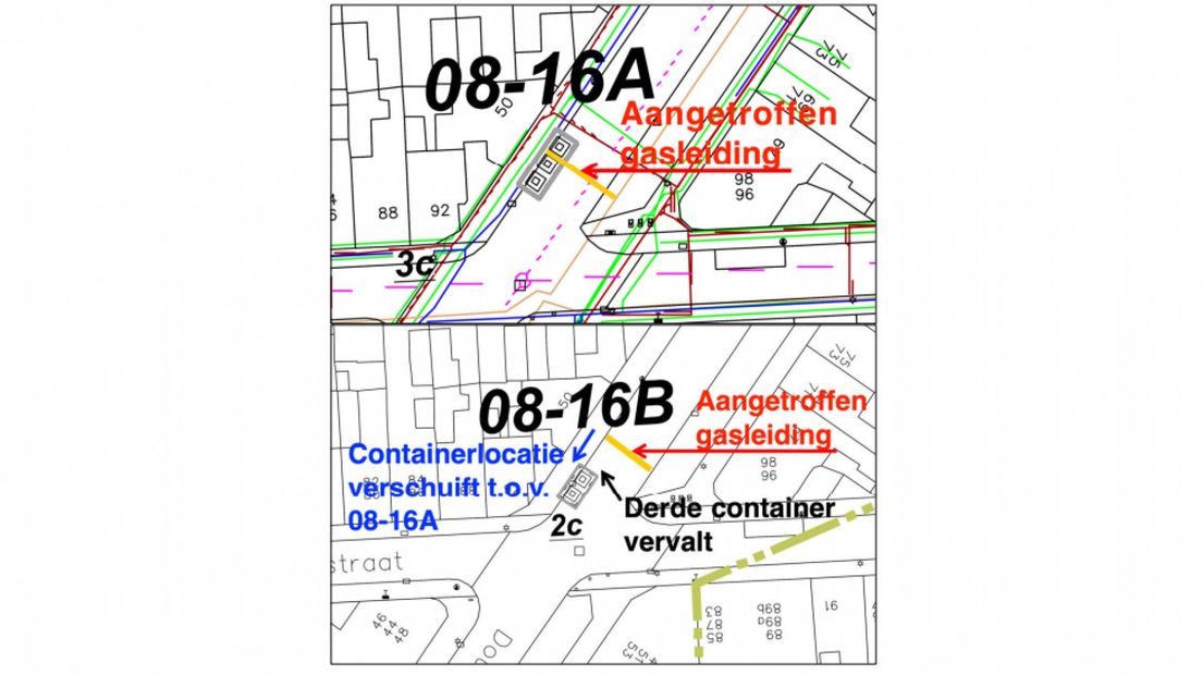 De containers op de oude locatie (boven) en de beoogde nieuwe plek (onder)