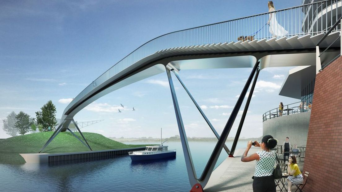 Het huidige ontwerp van de brug die de gemeente Nijmegen wil plaatsen over de ingang van de Waalhaven.