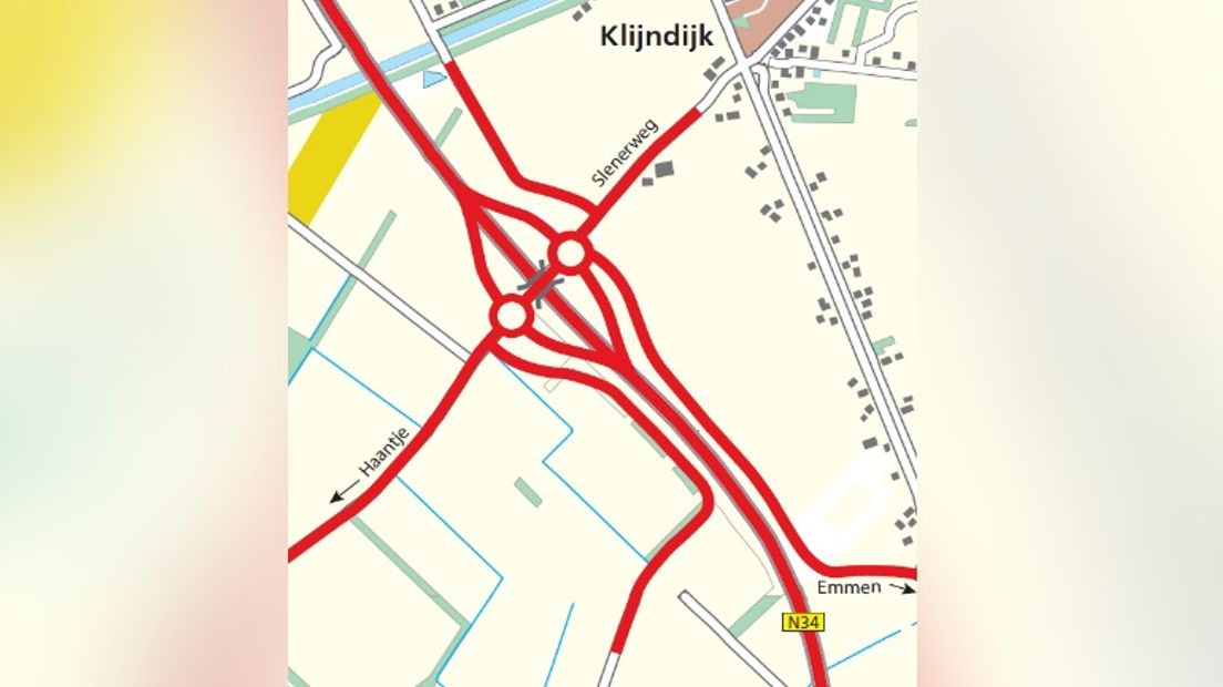De geplande aansluiting op de N34 bij Klijndijk (Tekening: provincie Drenthe)