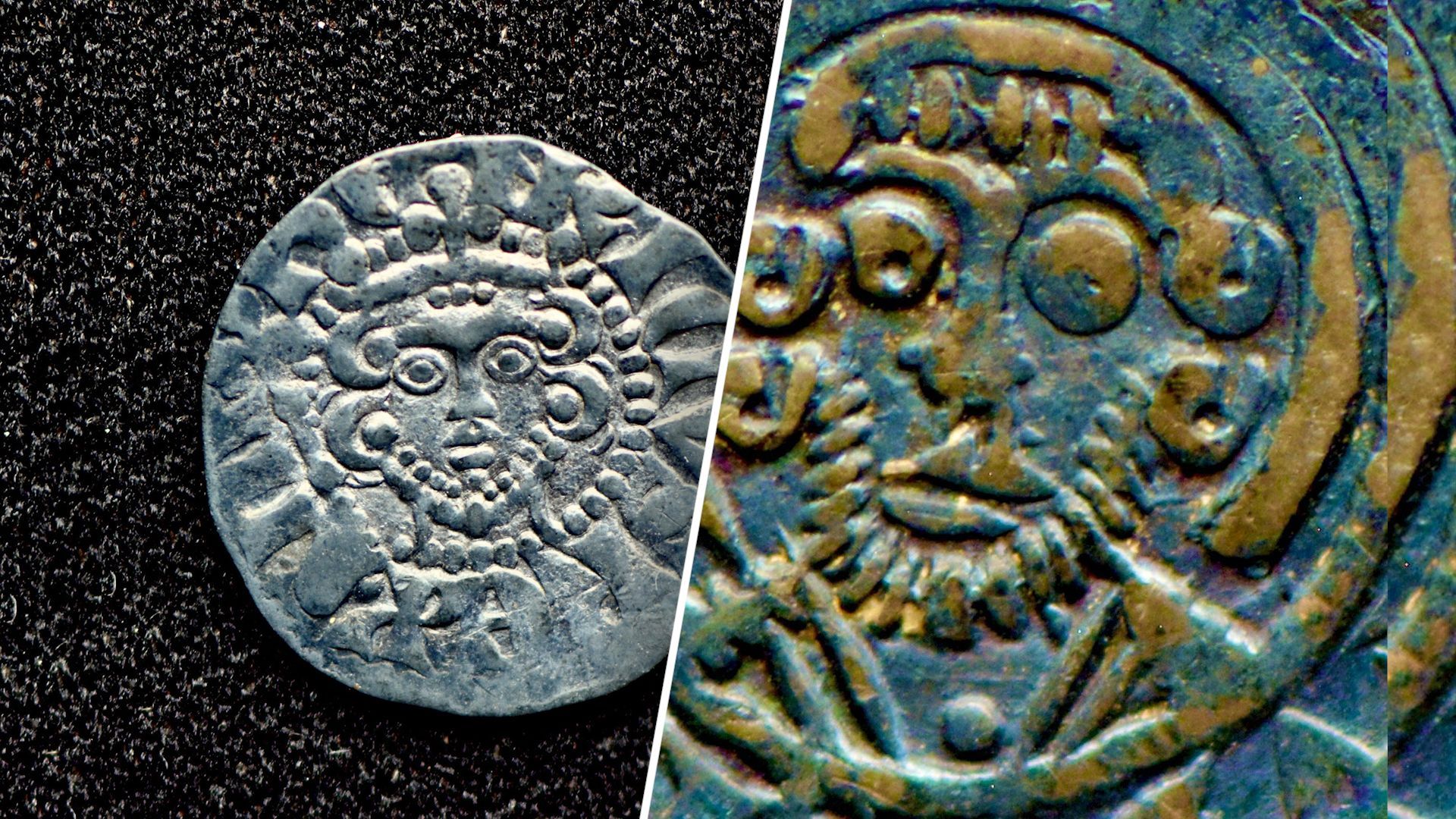 De munten, schoongemaakt (l) en met groene tint (r).