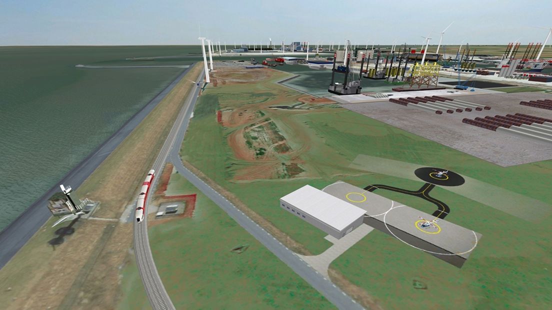 Een artist impression van de heliport Eemshaven