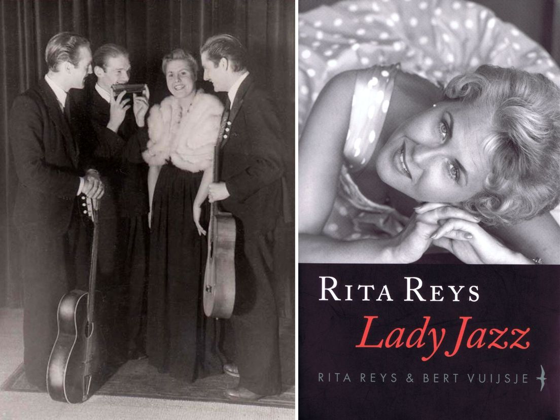 De Minstrel Hawaiians ca 1942, met uiterst links en rechts de broers Rob en Frans van Lankeren, en met cape van zwanendons Rita Reys. Rechts Rita's biografie.
