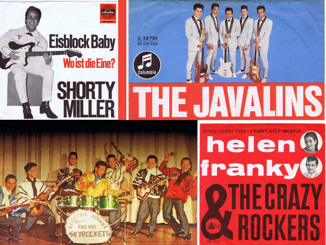 Rotterdamse Indobandjes en -artiesten van weleer. Shorty Miller, The Javalins (Haags-Rotterdams), Franky Franken en Electric Johnny and his Skyrockets..