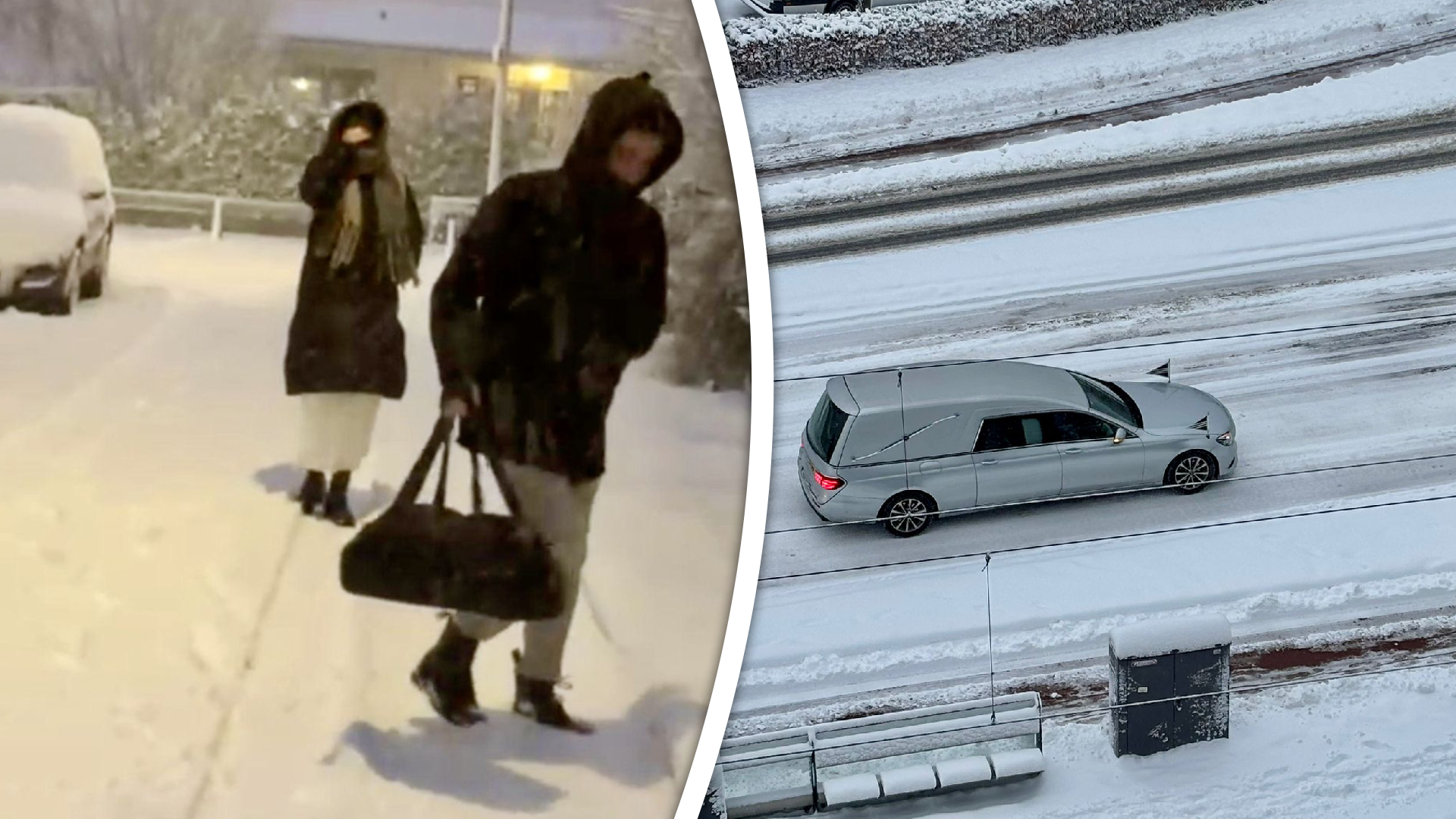 Jessica en Lorenzo onderweg naar het stadhuis en een rouwauto in de sneeuw.