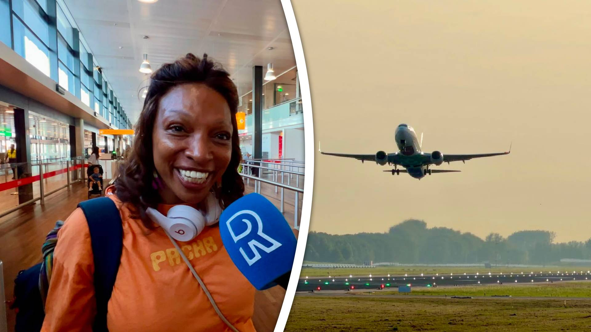 Links: Reiziger die naar Ibiza gaat, Rechts: Vertrekkend vliegtuig vanaf Rotterdam The Hague Airport.
