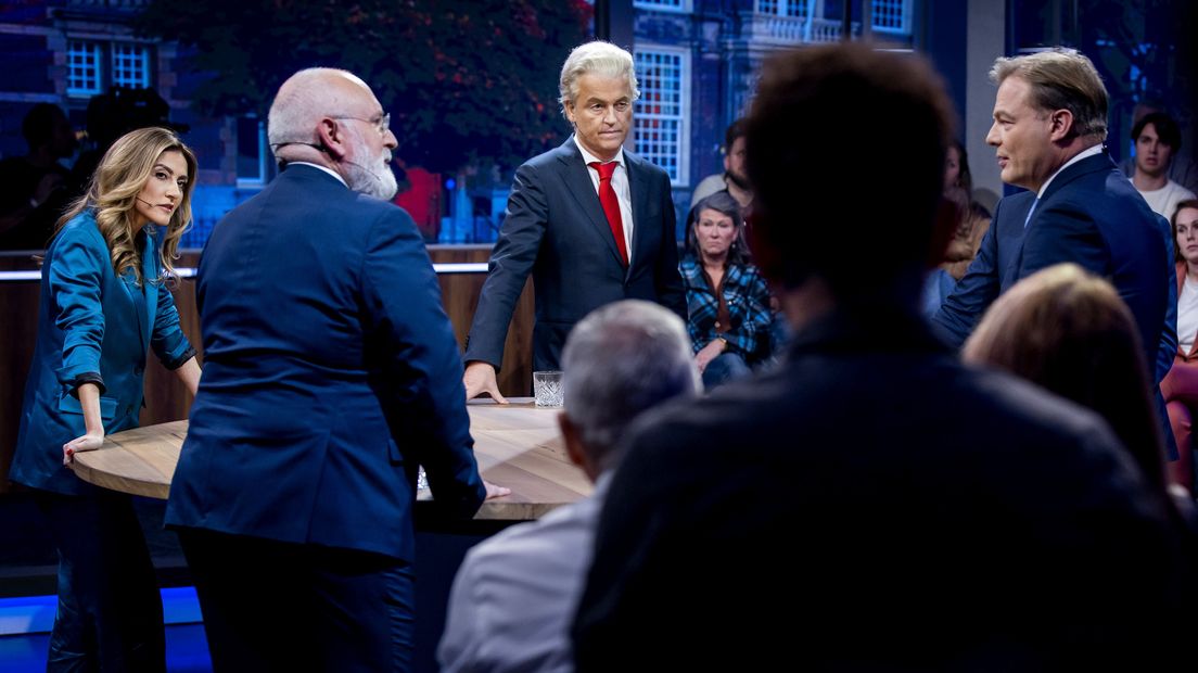 Dilan Yesilgoz (VVD), Frans Timmermans (GL-PvdA), Geert Wilders (PVV) en Pieter Omtzigt (NSC) zijn in de peilingen de vier grootste partijen