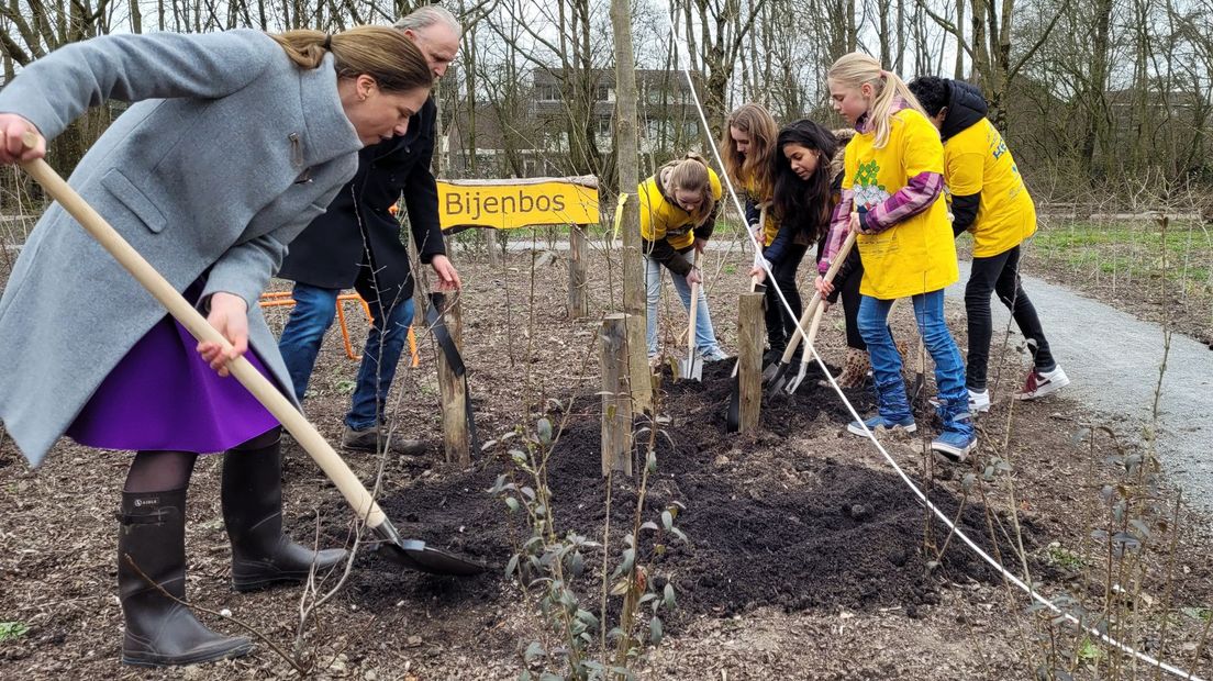 De minister en het kindercollege planten de eerste boom in het Prinses IreneBos