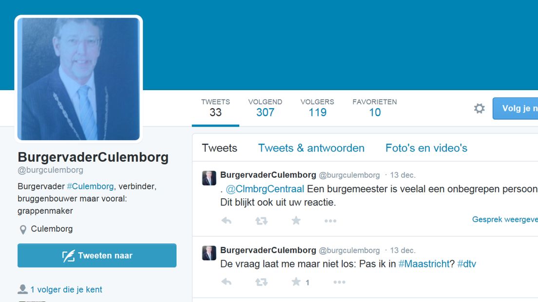 Culemborg waarschuwt voor vals twitteraccount burgemeester
