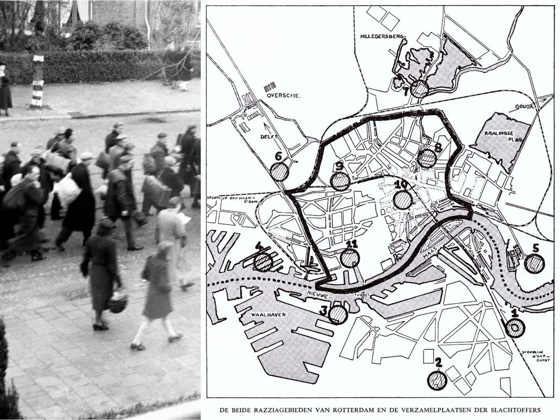 Binnen de donkere lijn rechts het gebied van de razzia van 11 november 1944, daarbuiten het gebied van de dag ervoor. Met elf verzamelpunten.