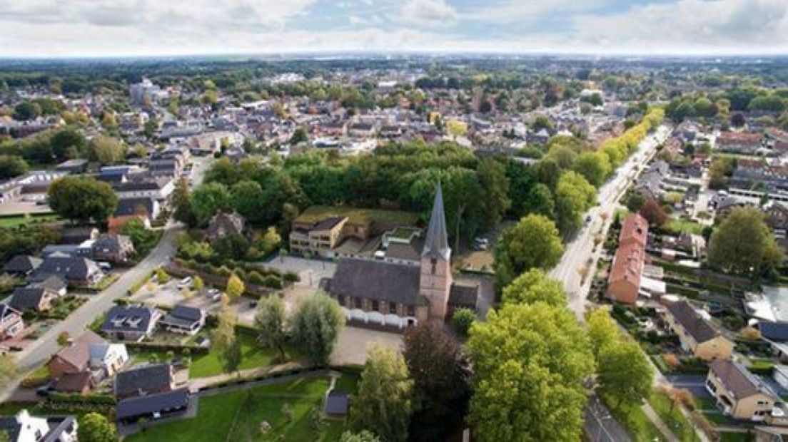 Het nog te bouwen appartementencomplex achter de kerk in het Pastoriebos in Voorthuizen.