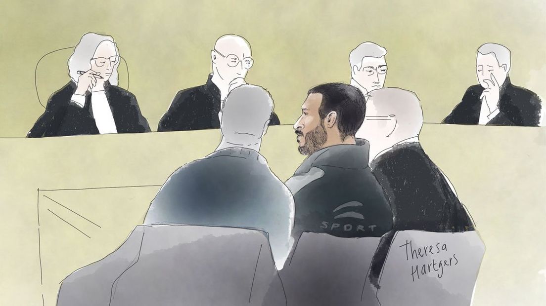Alaa Al-S (midden) voor de Haagse rechtbank | Tekening: Theresa Hartgers