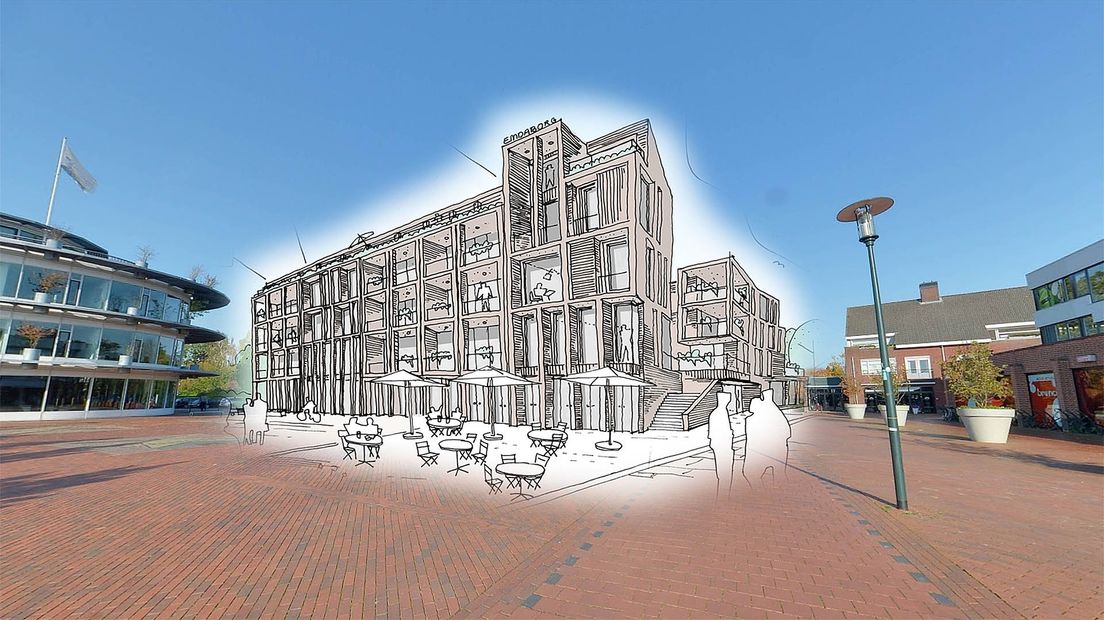 Impressie van het eerdere nieuwbouwplan op het Haderaplein