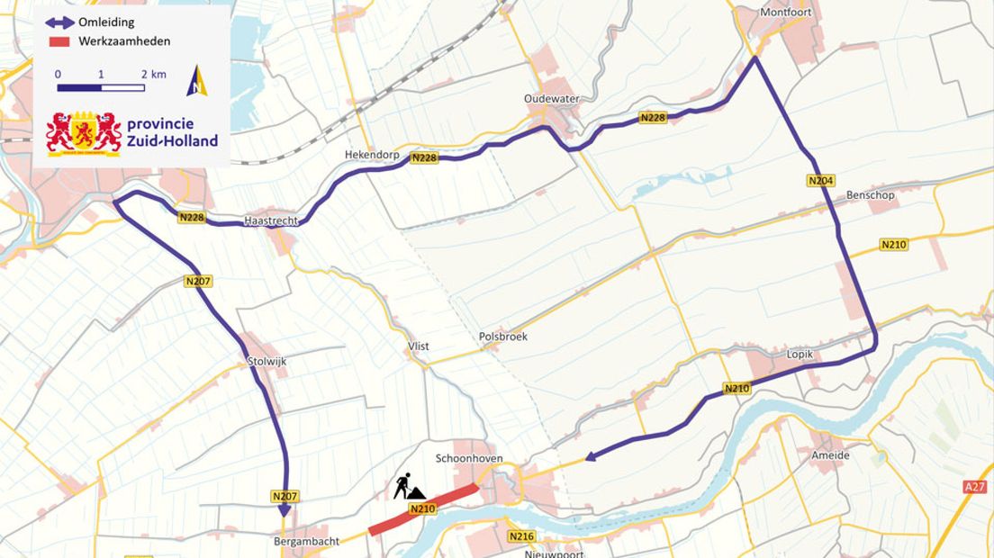 Automobilisten kunnen omrijden via Lopik, Montfoort, Gouda en Bergambacht