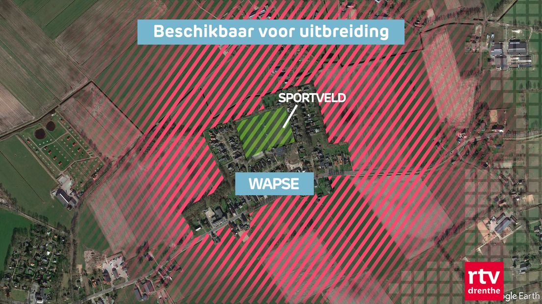Alleen op de sportvelden en het evenemententerrein mogen in Wapse woningen worden gebouwd, in het rode gebied niet, het is de grote frustratie van jongeren in het dorp