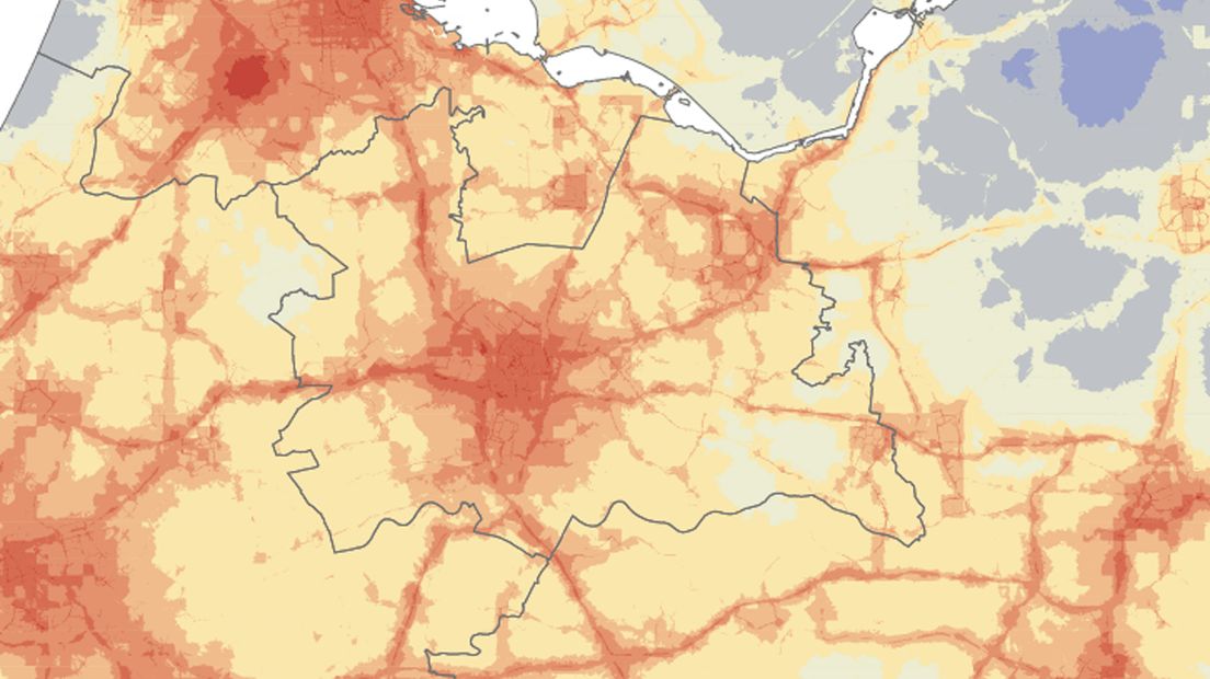 De uitstoot van roet in de provincie Utrecht. De snelwegen zijn goed herkenbaar.