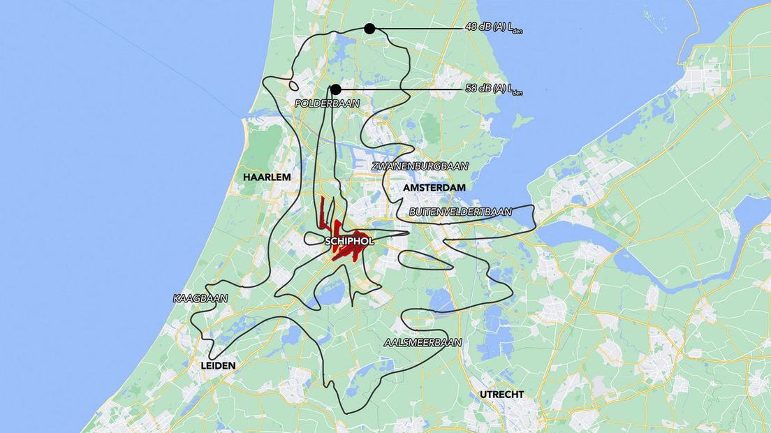 De nieuwe geluidshindercontouren van Schiphol | Afbeelding: Omroep West