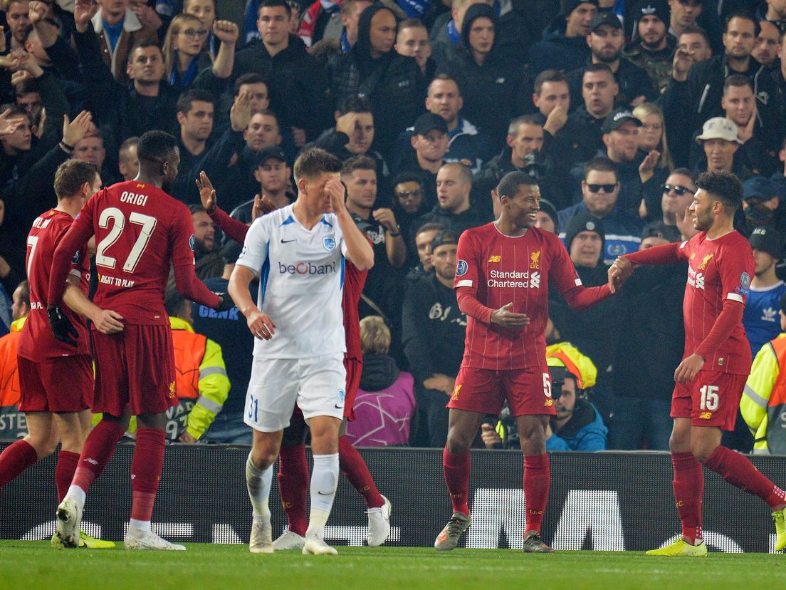 Georginio Wijnaldum viert zijn goal tijdens Liverpool-Racing Genk (Bron: ANP - Peter Powell)